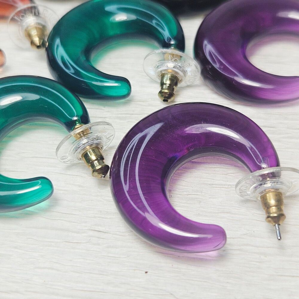 Joan Rivers 4 Pr Clear Puffy Hoop Earrings Green Black Purple Brown - Picture 4 of 12